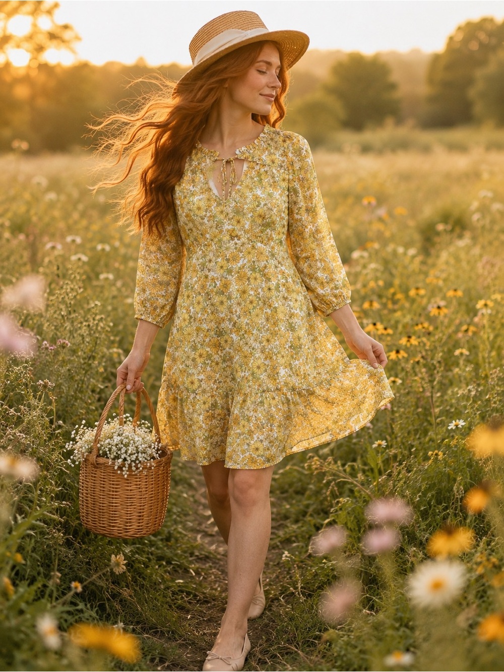 NWT Marissa Olivia Floral Mini Dress Yellow Cottagecore Boho Medium